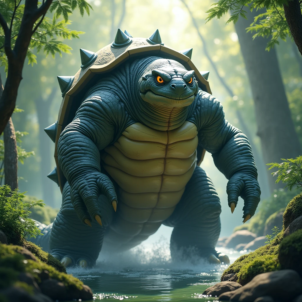 a massive blastoise, photorealistic, high detailed, 4k, realistic, detailed water effects, lush green forest, sunlight streaming through the trees, dramatic lighting, powerful pose, hyper realistic, intricate scales, glowing eyes, intimidating presence