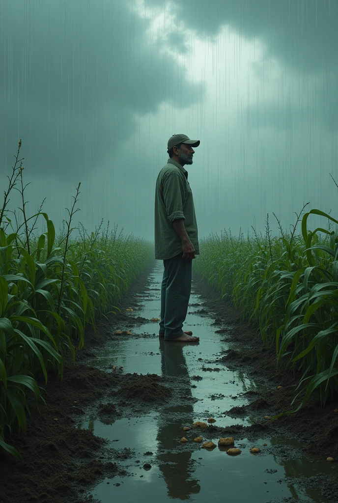 A field under heavy rain with water flooding the crops. Ramoo stands amidst the waterlogged field, looking distressed and disheartened, with ruined crops around him.