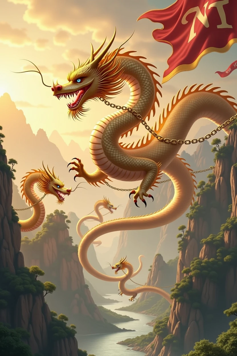 Chinese style golden dragon,Dragon and Dragon Chain,golden chain,A group of flying dragons,background chinese style,Mountains and rivers,dragon huge,background flag waving,The flag writes the letters NT