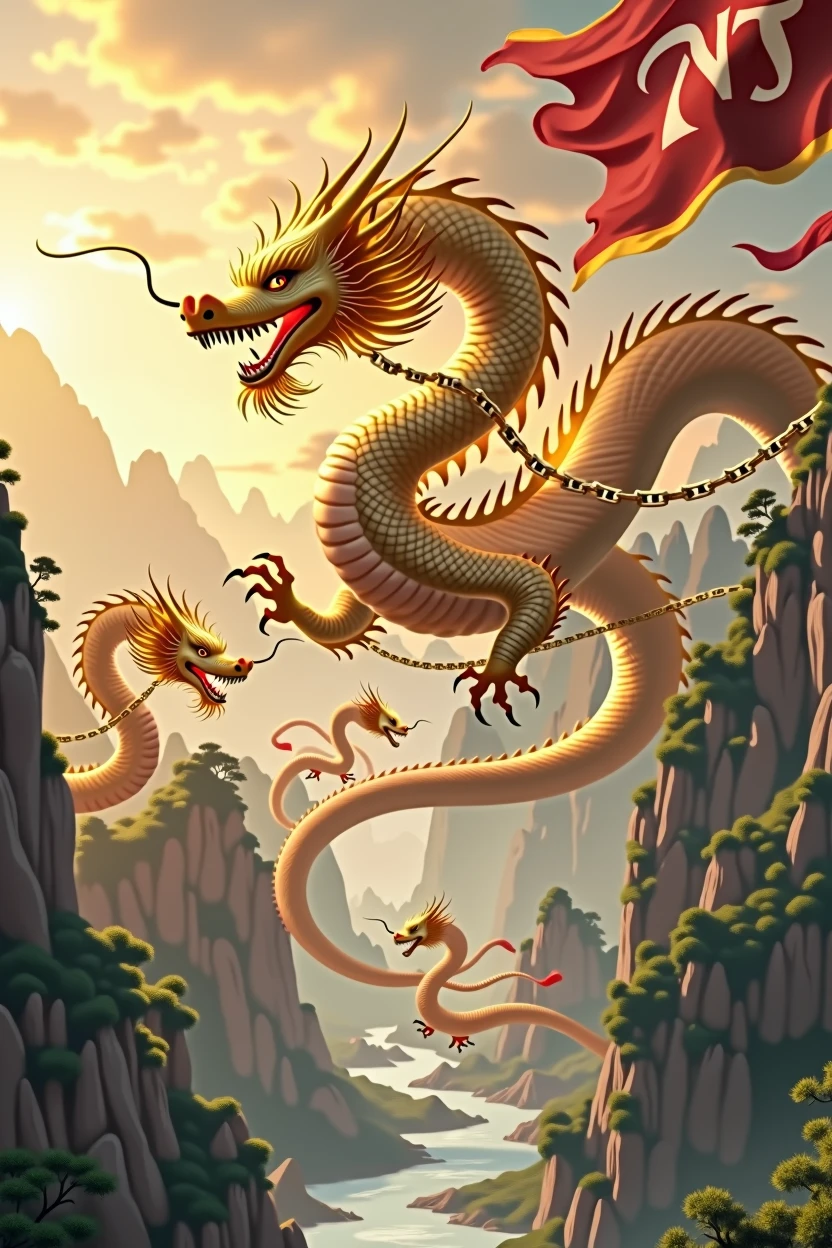 Chinese style golden dragon,Dragon and Dragon Chain,golden chain,A group of flying dragons,background chinese style,Mountains and rivers,dragon huge,background flag waving,The flag writes the letters NT