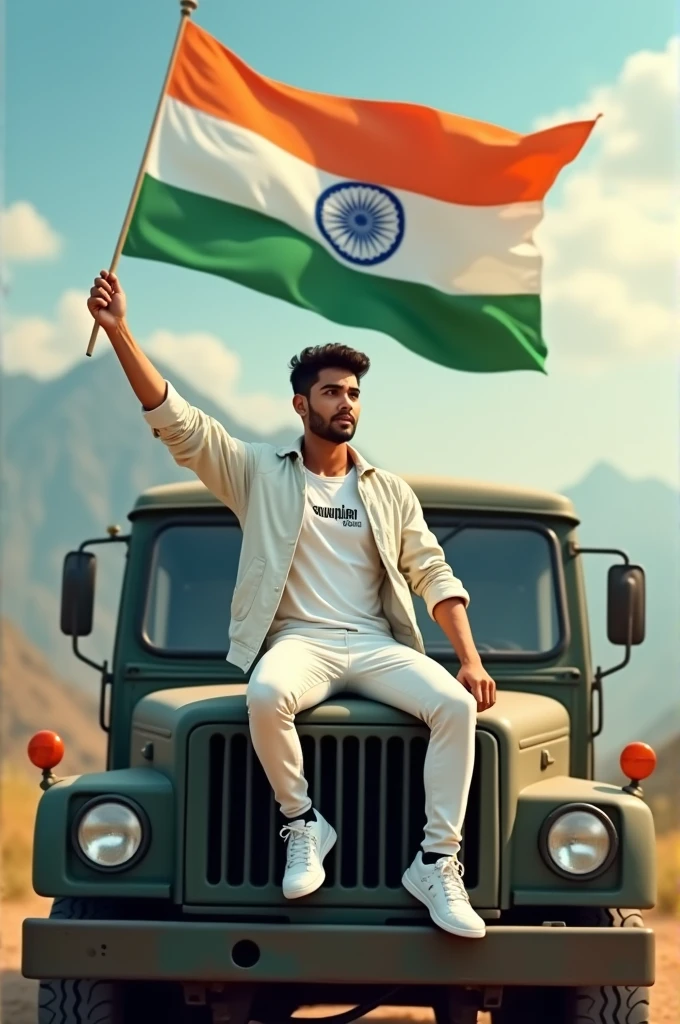 Create an Real image featuring a young man sitting on the hood of army truck, with Indian's scenic background. He's holding a flag celebrating Indian 15th August. The boy wears a soumyadip T-shirt with 'soumyadio' printed on it, white jacket, white pants, white shoes