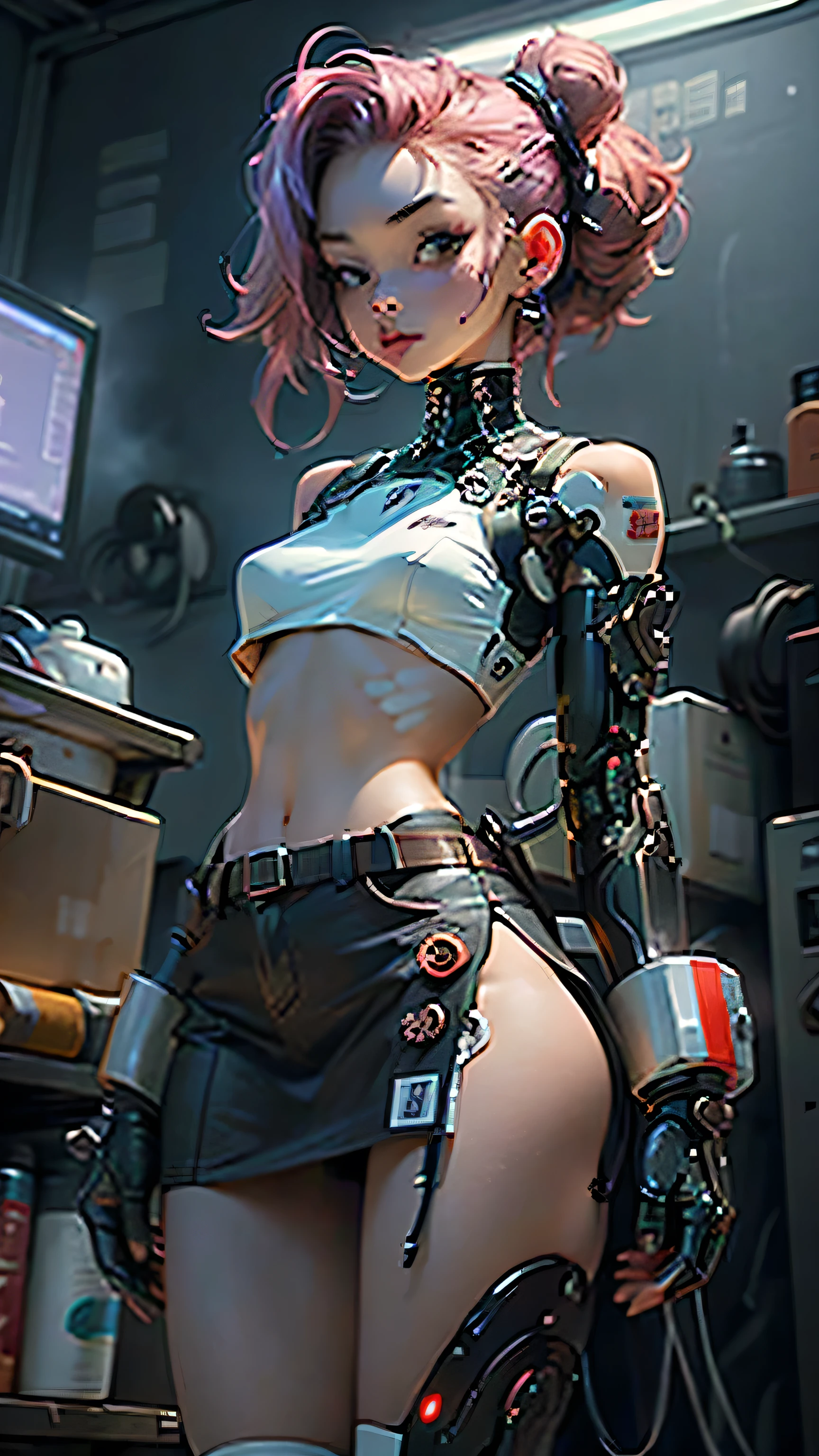 Female body with thick thighs defined by cybernetic body parts, Micro Mini Skirt。