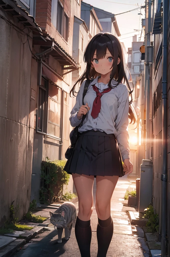 girl in school uniform with a grey kitty, alleyway, sunset, 50mm lens