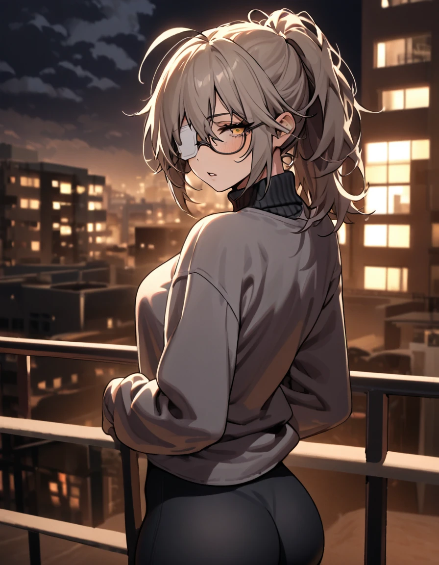 mature, golden eyes, looking at viewer, female, apartment background, messy hair, grey shoulder-length hair, ponytail, parted lips, hair between eyes, ahoge, emotionless, tired eyes, standing, from behind, yoga pants, turtleneck shirt, medical eye patch, comfy clothes, glasses, night, cloudy, leaning on railing