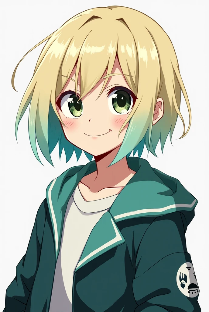 Her hair is blonde with light turquoise streaks throughout her hair., the right eye is green and the left eye is black, your outfit is from boku no hero academia, He always has a slight smile and has a mole under his left eye., He has very short hair, His eyes are quite big with aegyo seal.(anime)