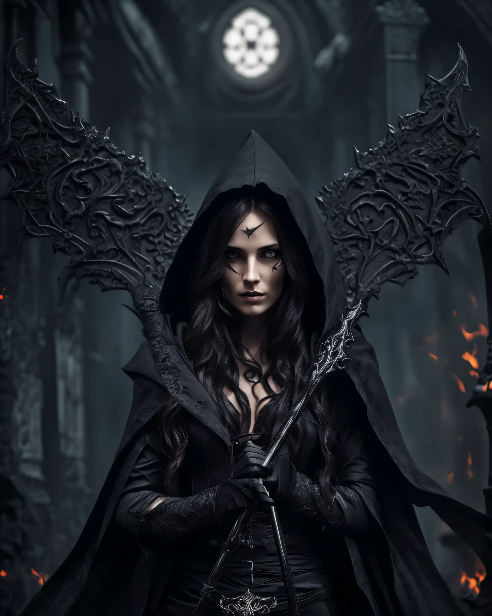 a female grimm reaper warrior, dark hooded robe, scythe weapon, gothic fantasy, intricate details, dark moody lighting, dramatic pose, intense glowing eyes, detailed facial features, long flowing hair, dark shadowy background, photorealistic, 8k, highly detailed, cinematic, dramatic lighting, dramatic atmosphere, striking pose