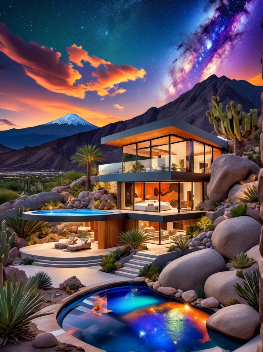 small and beautiful modern house in top of big boulders, terraces, pool, stairs, multiple cacti gardens, palms, trees, rocks, beautiful landscape design, mountains and volcano y background, amazing clouds, sun, moon, planets, milky way galaxy, concrete, wood, glass and steel materials, olive green, violet, orange and withe colors in facade