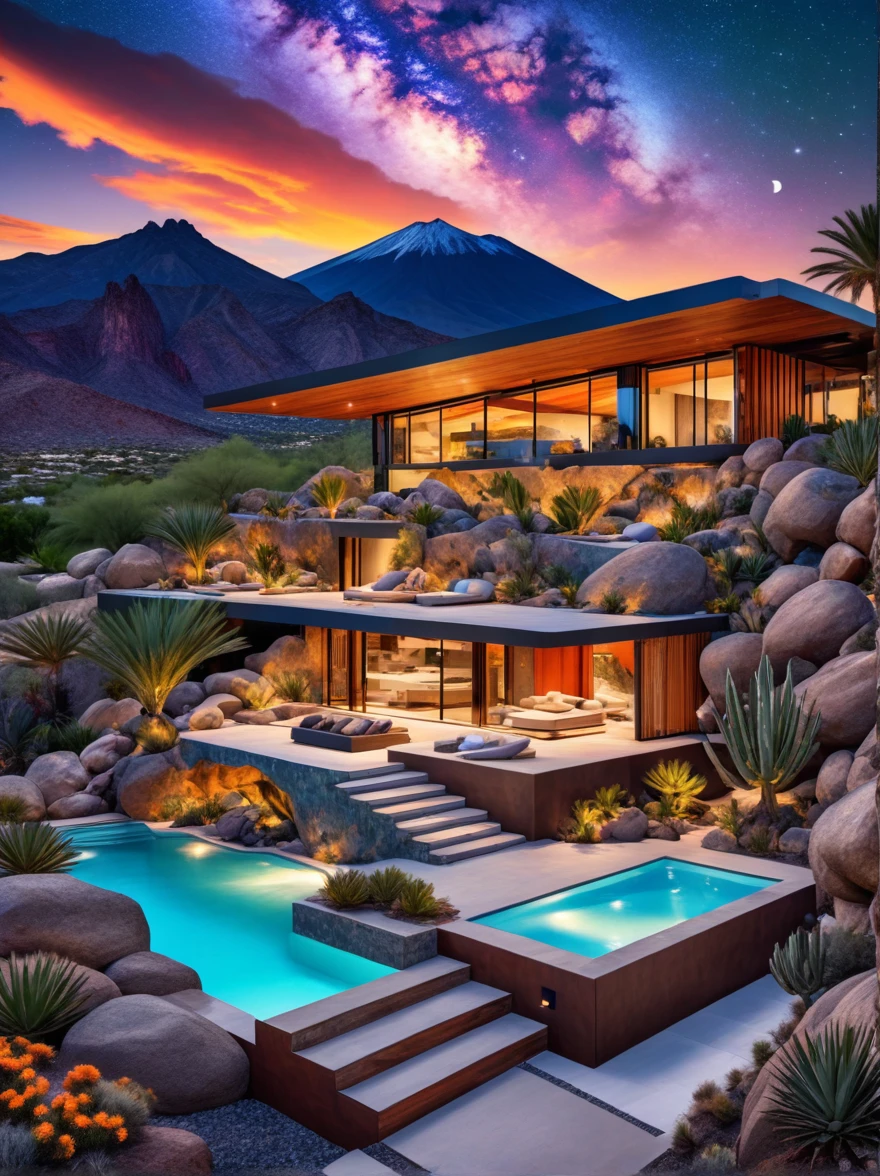 small and beautiful modern house in top of big boulders, terraces, pool, stairs, multiple cacti gardens, palms, trees, rocks, beautiful landscape design, mountains and volcano y background, amazing clouds, sun, moon, planets, milky way galaxy, concrete, wood, glass and steel materials, olive green, violet, orange and withe colors in facade