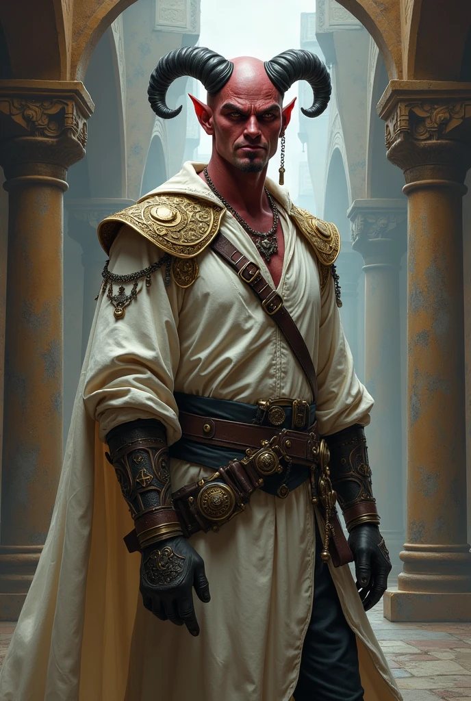 Tiefling mrn for Dugeons and dragons,bald ,tunic color white , tematic Steampunk