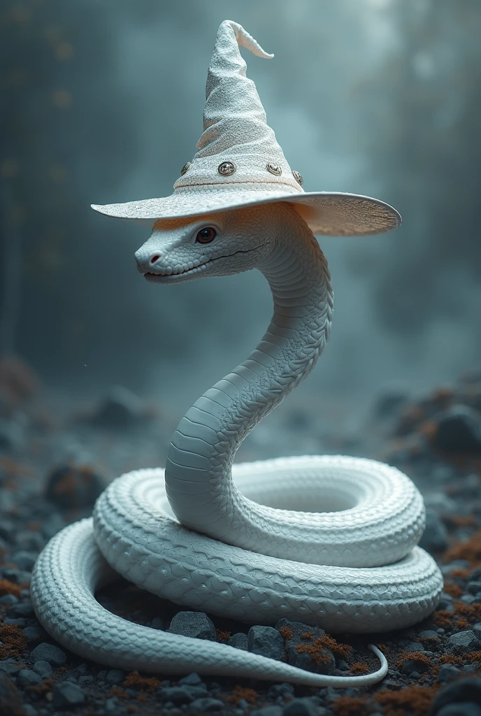 a white snake with a witch's hat, in the style of hyper-detailed digital paintings, dark grey and light silver, ethereal landscapes, white snake, hat, no people, witch's hat,magic circles, no humans, hyper-detailed,ultra-realistic, 8k,ultra-realistic, hyper-detailed, 32k uhd. magic circles 