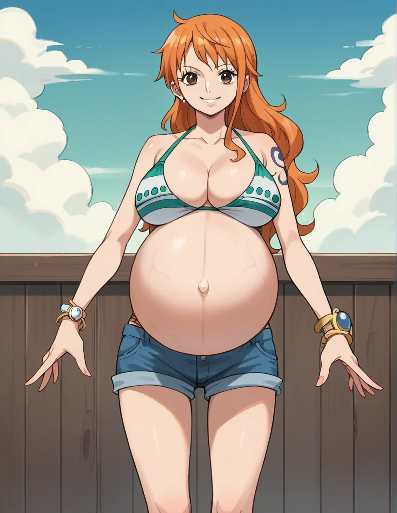 score_9, score_8_up, score_7_up, source_anime, best quality, clear face, 1girl, nami, NAAmi, orange hair, blue eyes, large breasts, white bikini, shorts, cleavage, smile, looking at viewer, sky, standing, pregnant belly, huge belly, belly, Heels