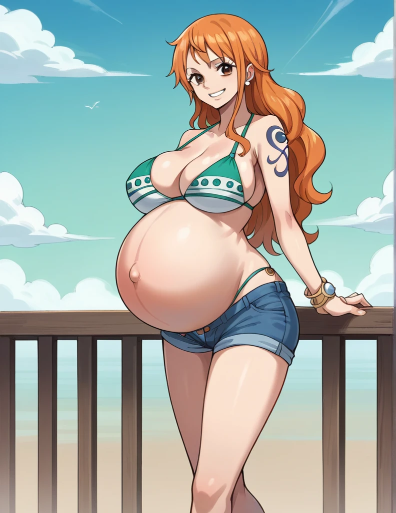 score_9, score_8_up, score_7_up, source_anime, best quality, clear face, 1girl, nami, NAAmi, orange hair, blue eyes, large breasts, white bikini, shorts, cleavage, smile, looking at viewer, sky, standing, pregnant belly, huge belly, belly, Heels