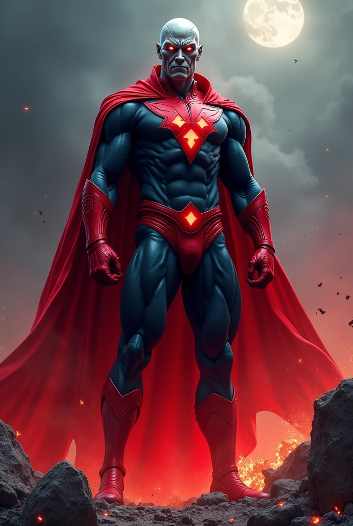 Captain Red: the destroyer of worlds**
### Origem
Captain Red, originally called Zorath, is a supervillain from an advanced civilization on the planet Venus. Your race, known as the "Venusianos", possessed technology far superior to that of Earth and a profound understanding of cosmic forces. Among them, Zorath was one of the most powerful and feared warriors. He was trained from a young age to be the guardian of Venus, but his lust for power and destruction corrupted him. After exterminating all life on Venus, ele se proclamou Captain Red e decidiu conquistar novos mundos.
### Arrival on Earth Upon arrival on Earth, Captain Red ficou surpreso ao ver a reação dos humanos. They were awed and terrified by his presence and superhuman abilities.. Seeing the vulnerability of the Earth and the fragility of humans, Red decided that his conquest would be slow and methodical.. Instead of destroying the Earth quickly, he chose to terrorize humanity, destroying cities and killing people one by one, spreading fear and chaos across the planet.
### Aparência
Captain Red tem uma presença imponente e aterrorizante. He wears a dark blue suit, adjusted to the body, with bright red gloves and boots. His red cape flutters in the wind, symbolizing the spilled blood of their victims. His face is cold and impassive, rarely showing any emotion. He has robust musculature and piercing red eyes that reflect his destructive nature..
### Poderes e Habilidades
Captain Red é dotado de várias habilidades sobre-humanas que o tornam quase invencível:
- **Super strength:** He can lift and destroy any object, be it a car, a building or even a mountain.
- **Super Resistance:** Your body is incredibly resistant to physical damage, allowing it to withstand attacks that would destroy any human being.
- **Divine Invulnerability:** Red is practically immune to any type of damage, be it physical, energetic or mental.
- **heat vision:** Your