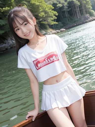 Japanese female, (underweight), (flat chest best quality:1.3), 30 years old, (cheerful grin:1.5),
lake, (rowing a rowboat), ponytail, (red t-shirt), (white skirt), (Wearing white panties),(showing off pantie:1.3), Japanese, in the rowboat, full body shot, (low angle shot:1.2)