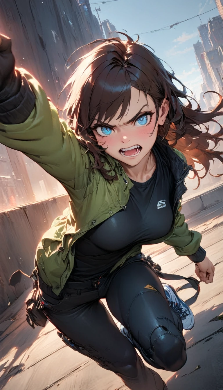 best quality,4k,8k,highres,masterpiece:1.2),ultra-detailed, extremely detailed eyes, extremely detailed body, (large masterpiece digital art), (detailed manga illustration), (detailed line art), ((perfect anatomy)), (intricate details:1.3), (ultra-detailed:1.3), (illustration:1.3), (sharp focus:1.3), (natural lighting:1.05), (vivid colors:1.3), (masterpiece), (best quality:1.4), (perfect anatomy:1.4), high quality, expressive eyes, full body, detailed face, beautiful face, perfect face, 1boy, angry, ((male focus)), muscular, detailed messy hair, long hair, brown hair, blue eyes, t-shirt, jean pants, sneakers, cinematic lighting, dramatic atmosphere, Atey Ghailan, Jeremy Mann, Greg Manchess, Antonio Moro, trend in ArtStation, trend in CGSociety, Intricate, High Detail, Sharp focus, dramatic and photorealistic painting art by Midjourney and Greg Rutkowski, Jeff Bridges, ((cartoon style)), Marvel Cinematic Universe style, (((ruined city in the background))),