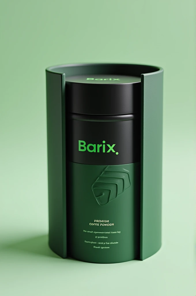 I want a new and special packaging for coffee powder that is cylindrical with a Barix brand cardboard box in black and green color.