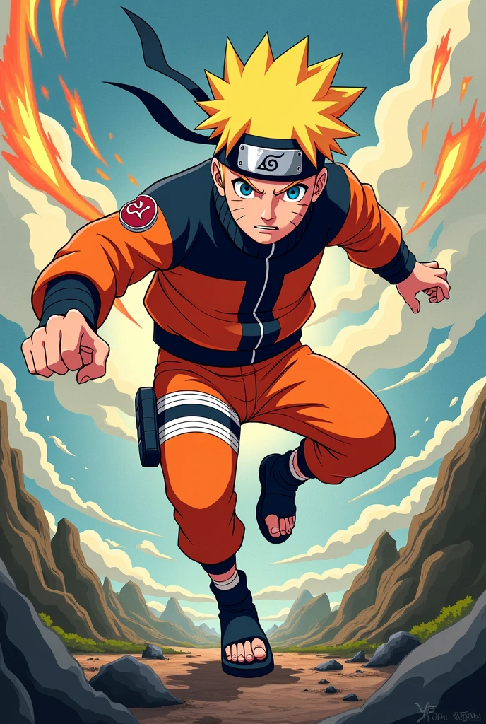 Create an image of a Naruto TCG card with a cartoon art style. The scene must be dynamic 