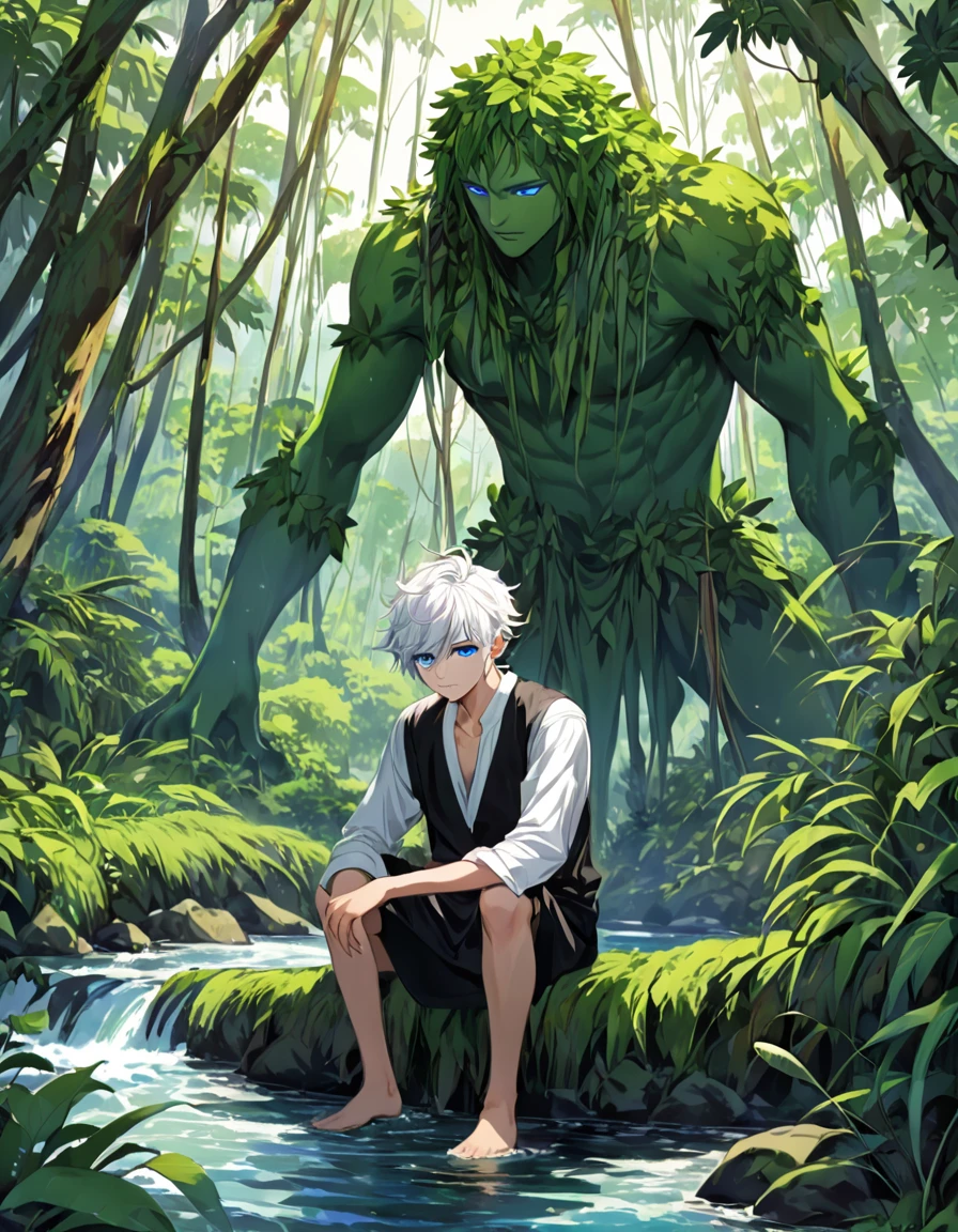 In the middle of a vast jungle, where trees rise like green giants and the sounds of nature create an enveloping symphony, A boy with white hair and blue eyes is found. His presence is a striking contrast to the vibrant environment that surrounds him.. However, The beauty of the landscape is marred by the sadness that consumes him. He can only cry on his knees and lament on the banks of a river., dressed in mysterious black with a gun in his right hand 