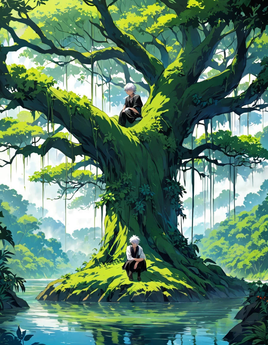 In the middle of a vast jungle, where trees rise like green giants and the sounds of nature create an enveloping symphony, A boy with white hair and blue eyes is found. His presence is a striking contrast to the vibrant environment that surrounds him.. However, The beauty of the landscape is marred by the sadness that consumes him. He can only cry on his knees and lament on the banks of a river., dressed in mysterious black with a gun in his right hand