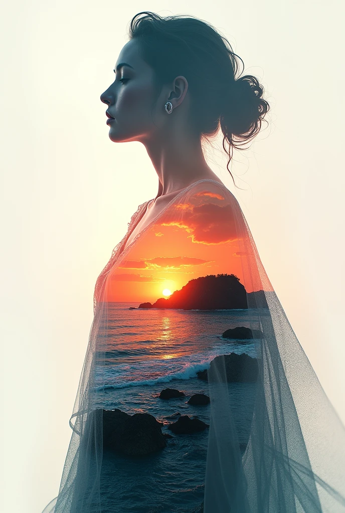 high quality, 8K Ultra HD, A beautiful double exposure that combines an goddess silhouette with sunset coast, sunset coast should serve as the underlying backdrop, with its details incorporated into the goddess , crisp lines, The background is monochrome, sharp focus, double exposure, by yukisakura, awesome full color,