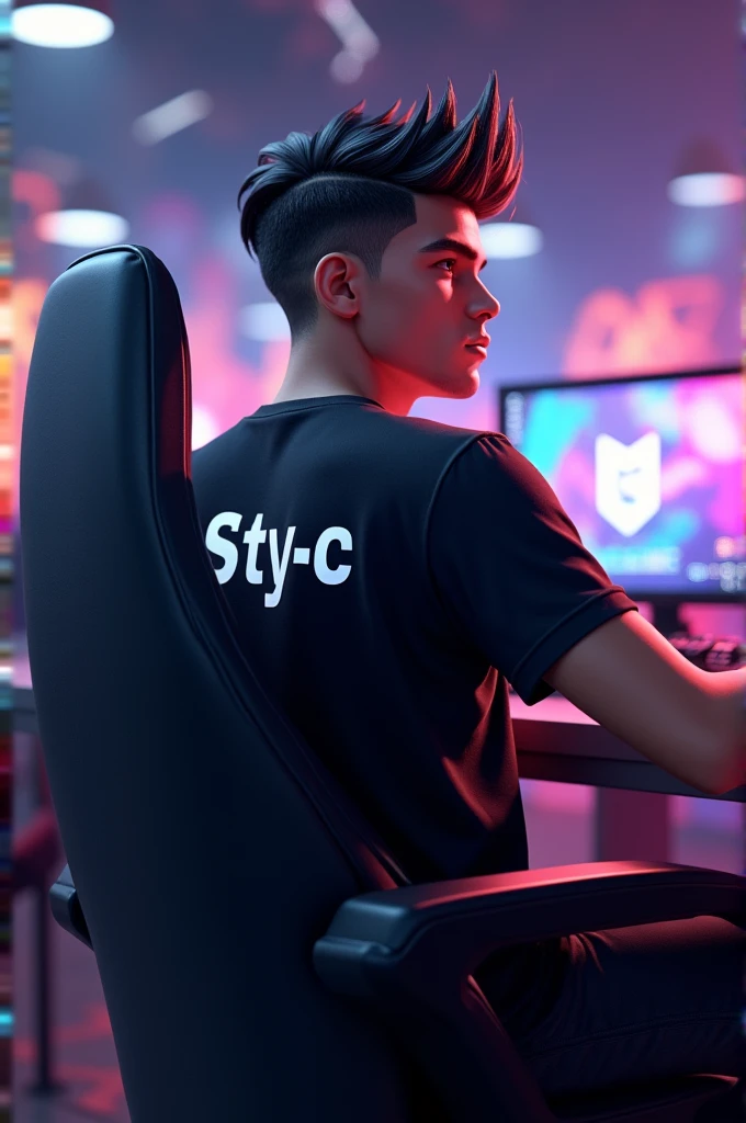 3D cowok cool, handsome, rambut model two block, Esports game wearing a black shirt with Sty-c written on the back