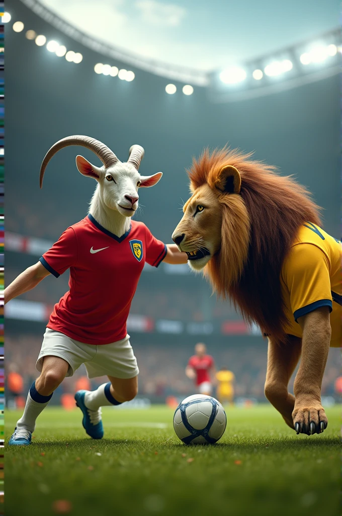 A football-loving goat in a red shirt killing a football-loving lion in a yellow shirt in a stadium