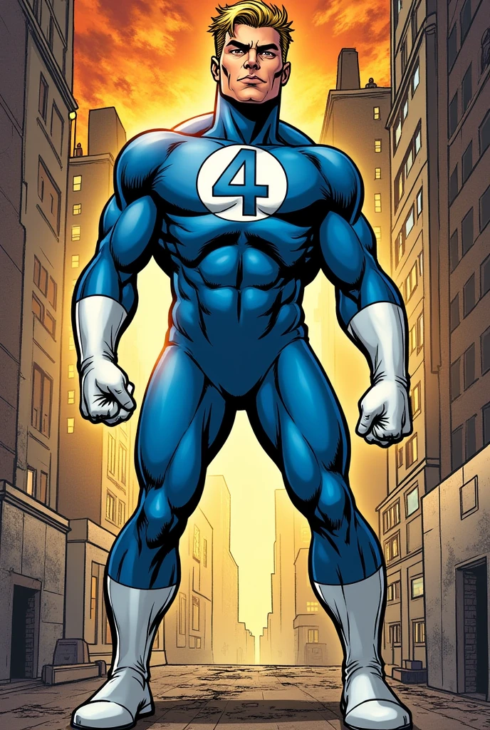 Classic comic book mr. fantastic with White circle on the chest with the number 4