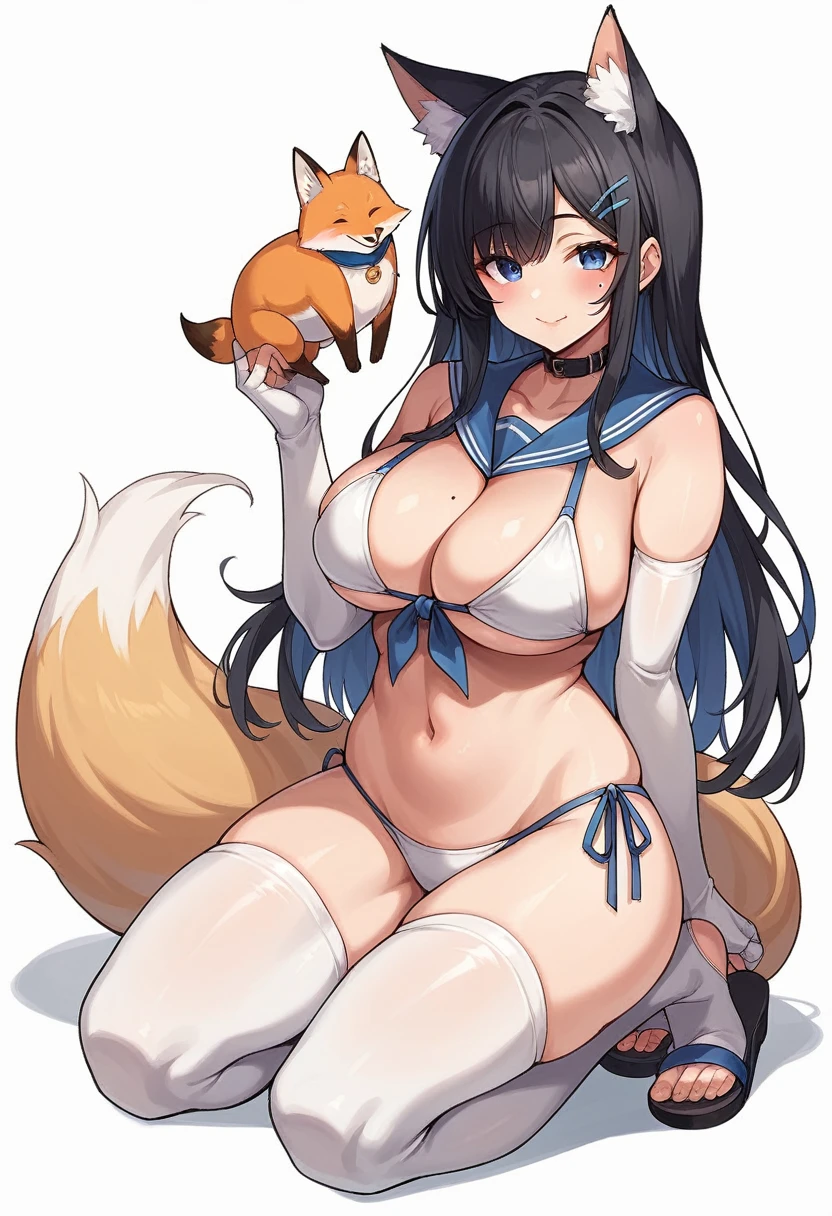 1girl, solo, long hair, breasts, looking at viewer, blush, smile, bangs, blue eyes, large breasts, simple background, black hair, hair ornament, thighhighs, gloves, white background, navel, holding, animal ears, cleavage, closed mouth, tail, swimsuit, full body, bikini, thighs, multicolored hair, choker, hairclip, elbow gloves, white gloves, fingerless gloves, sailor collar, mole, collar, white thighhighs, animal ear fluff, fox ears, kneeling, toes, fox tail, side-tie bikini bottom, white bikini, sandals, front-tie top, string bikini, mole on breast, front-tie bikini top, toeless legwear, mimikaki