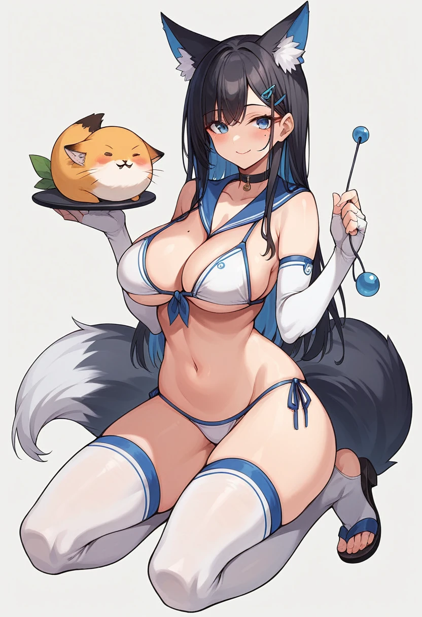 1girl, solo, long hair, breasts, looking at viewer, blush, smile, bangs, blue eyes, large breasts, simple background, black hair, hair ornament, thighhighs, gloves, white background, navel, holding, animal ears, cleavage, closed mouth, tail, swimsuit, full body, bikini, thighs, multicolored hair, choker, hairclip, elbow gloves, white gloves, fingerless gloves, sailor collar, mole, collar, white thighhighs, animal ear fluff, fox ears, kneeling, toes, fox tail, side-tie bikini bottom, white bikini, sandals, front-tie top, string bikini, mole on breast, front-tie bikini top, toeless legwear, mimikaki