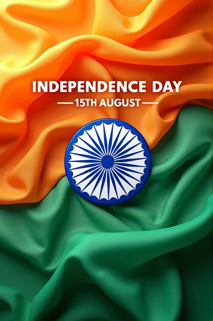 A vibrant and artistic flat lay composition celebrating Independence Day, featuring a stylized blue Ashoka Chakra placed centrally against a backdrop of flowing orange and green sheer fabrics, symbolizing the Indian flag. The text "INDEPENDENCE DAY" in bold, modern typography overlays the top, with the date "15TH AUGUST" elegantly displayed beneath. The overall aesthetic is bright and festive, capturing the essence of national pride and celebration.