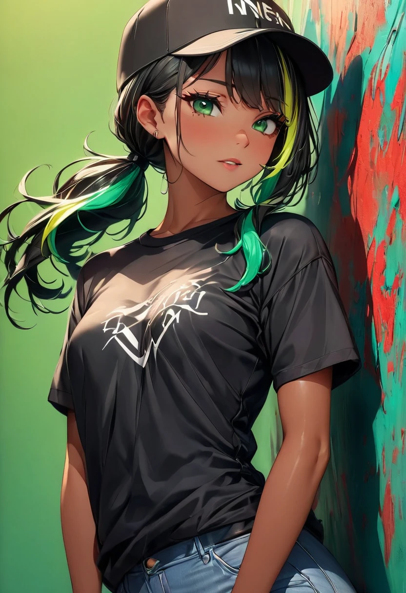 (highest quality:1.2, Very detailed, up to date, Vibrant, Ultra-high resolution, High Contrast, masterpiece:1.2, highest quality, Best aesthetics), Portraiture、girl、((25 years old:1.5)), (slim:1.2), 25-years-old, (black trucker cap:1.3), (black t-shirt), jeans, Bright colors、Beautiful fine details、Beautiful lip detail、long hair, (low ponytail:1.3), white and yellow green ((streaked hair:1.6)), highlights hair: 1.5, (small breast,:1) (tan skin:1.2), ((Plain green background:1.6)), lineart, ((two toned:1.7)), ((cowboy shot:1.5)), clean line drawings, look at viewer, from front