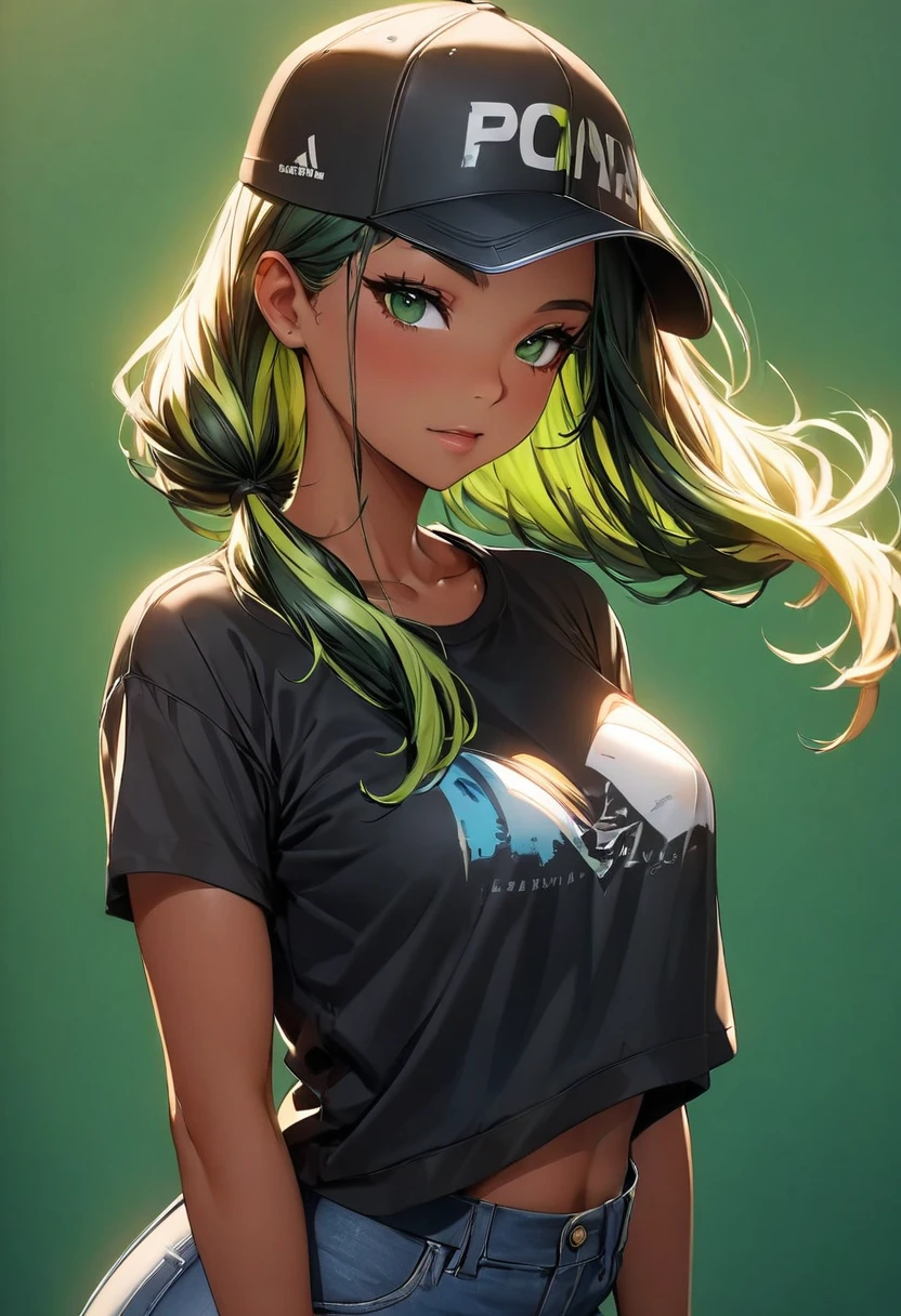 (highest quality:1.2, Very detailed, up to date, Vibrant, Ultra-high resolution, High Contrast, masterpiece:1.2, highest quality, Best aesthetics), Portraiture、girl、((25 years old:1.5)), (slim:1.2), 25-years-old, (black trucker cap:1.3), (black t-shirt), jeans, Bright colors、Beautiful fine details、Beautiful lip detail、long hair, (low ponytail:1.3), white and yellow green ((streaked hair:1.6)), highlights hair: 1.5, (small breast,:1) (tan skin:1.2), ((Plain green background:1.6)), lineart, ((two toned:1.7)), ((cowboy shot:1.5)), clean line drawings, look at viewer, from front