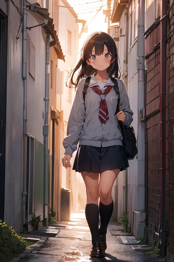girl in school uniform with a grey kitty, alleyway, sunset, 50mm lens