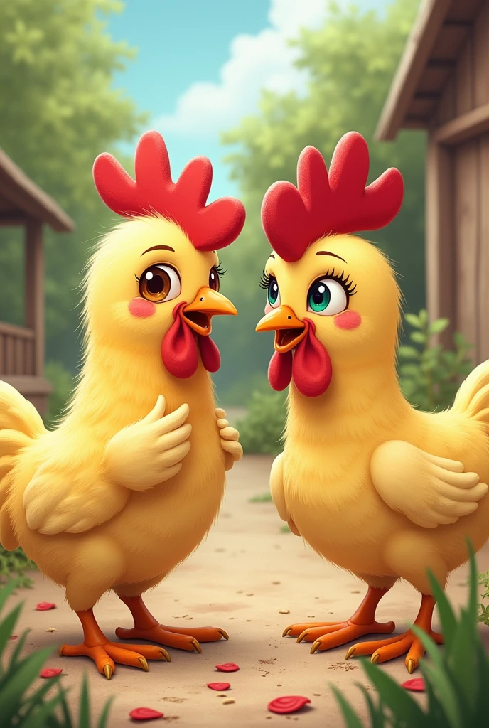 A hen putting eyelashes on another hen's eyes