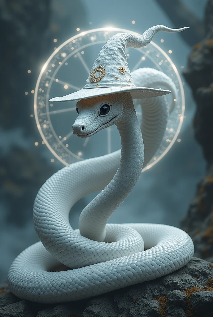a white snake with a witch's hat, in the style of hyper-detailed digital paintings, dark grey and light silver, ethereal landscapes, white snake, hat, no people, witch's hat,magic circles, no humans, hyper-detailed,ultra-realistic, 8k,ultra-realistic, hyper-detailed, 32k uhd. magic circles, Luxury witches room,