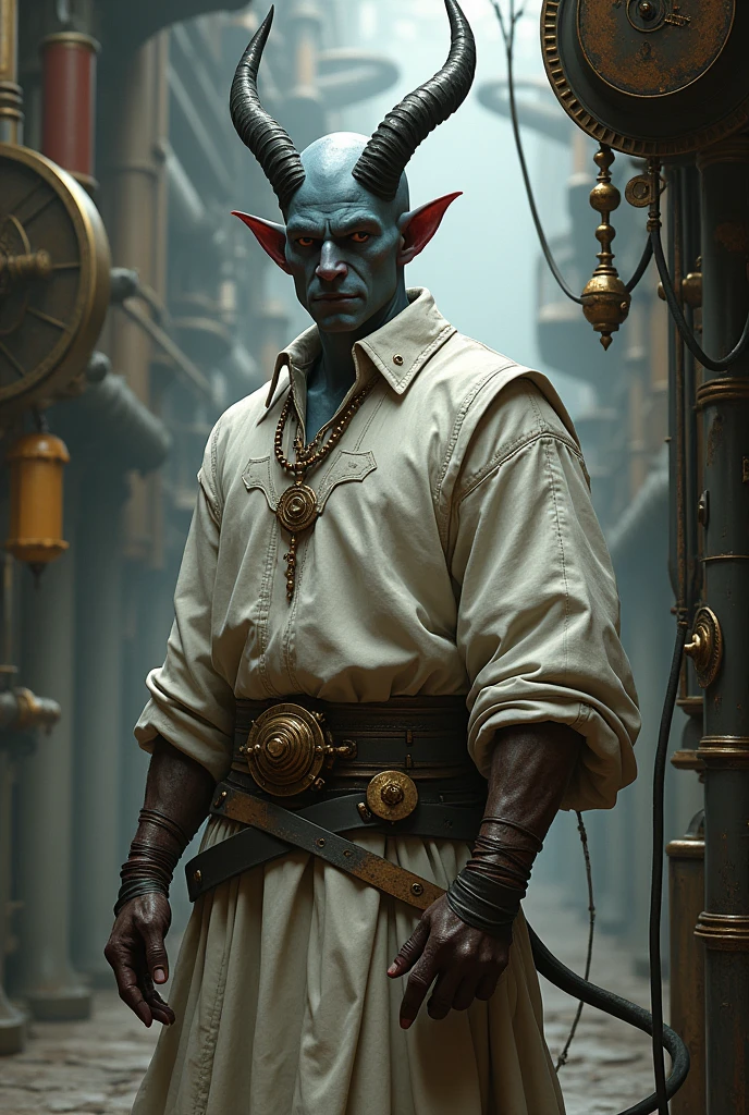  Tiefling mrn for Dugeons and dragons,bald ,tunic color white , tematic Steampunk 