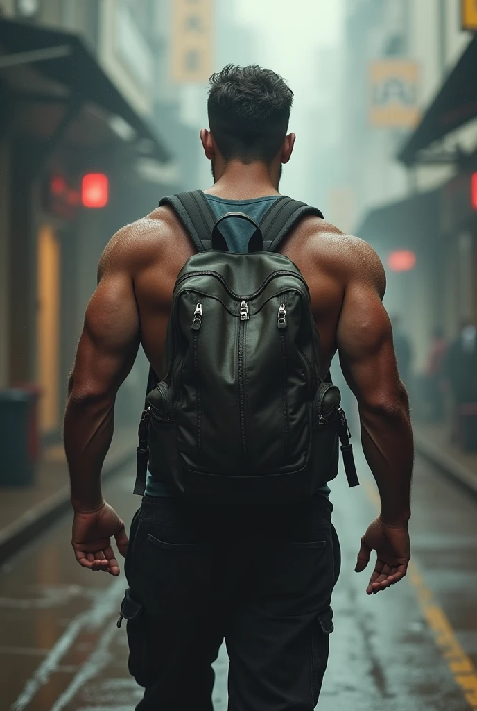 A person with strong muscles, Street Rage, backpack, Beautiful realism, photograph, fade away, Things are complicated around you., complex background, wet, Neutral colors, ((((do not have)))), (((( muted colors)))), Complex scenes, art station, complicated details, short article