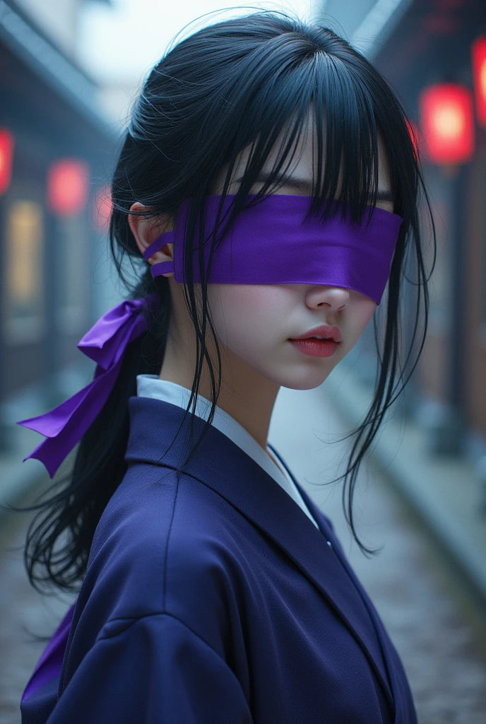 I want a female character with tied hair, with a purple blindfold on, and a Japanese College blouse