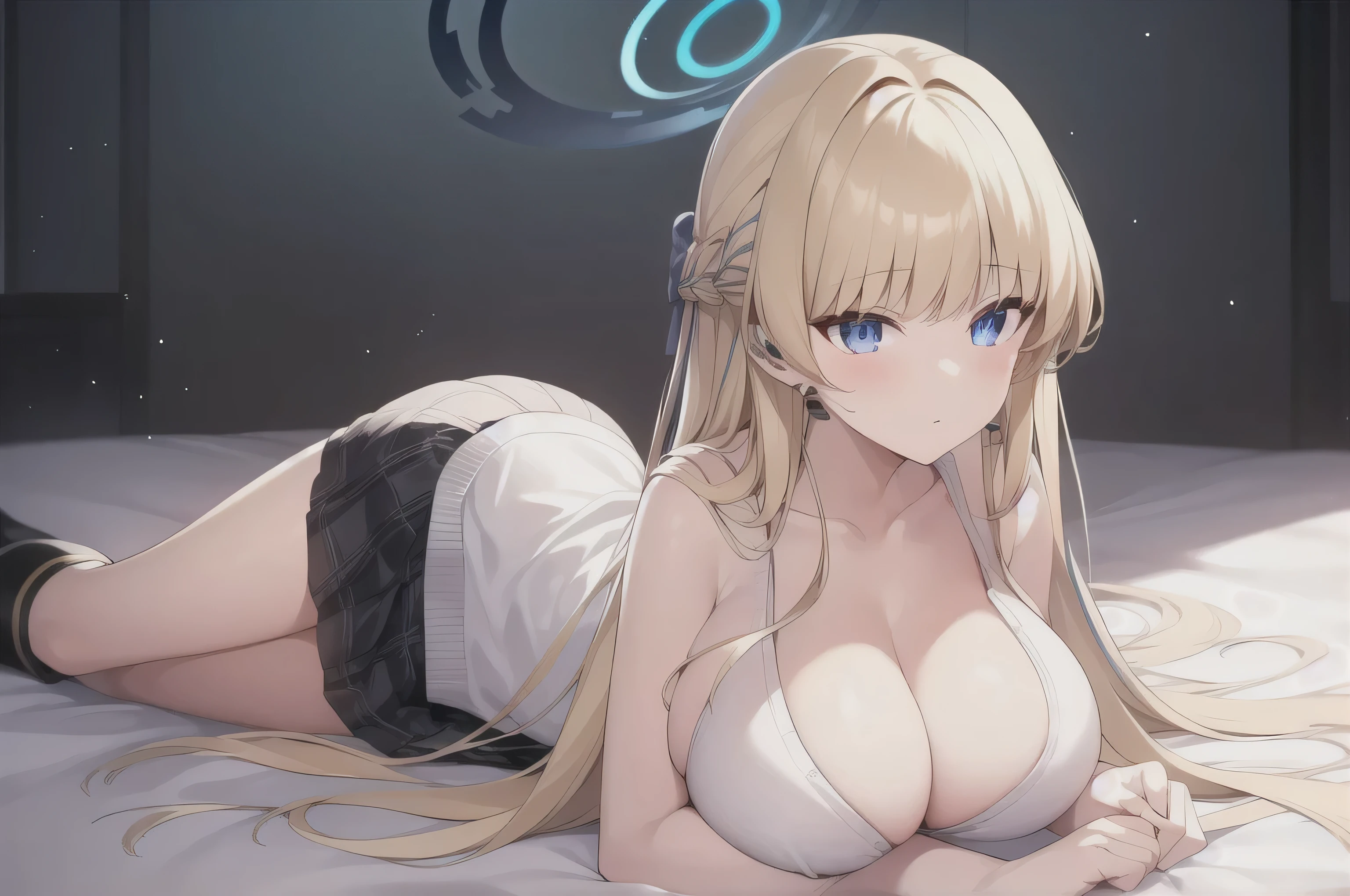 A girl,bionde, Long hair, Eye:1.5), (Large Breasts:1.2),
Rest special short skirt, skirt, White shirt, Seto Fuku,Low-cut,cardigan,Close your eyes,boots,Cleavage Rest,At the same time look at the audience,Lying down,
Rest in the bedroom, rest on bed (masterpiece:1.2), best quality, high resolution, Unity 8K wallpaper, (illustration:0.8), (Beautiful and delicate Eye:1.6), Extremely detailed face, Perfect lighting, Extremely detailed CG, (Perfect hands, Perfect anatomical structure),