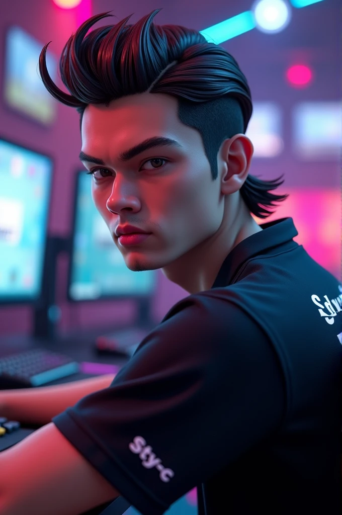 3D cowok cool, handsome, mullet hair, Esports game wearing a black shirt with Sty-c written on the back