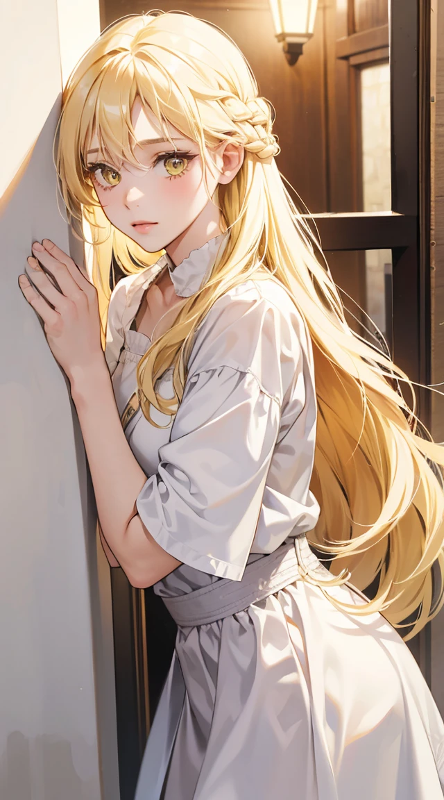 1girl, 30 years old, blonde hair, long hair, blonde, yellow eyes, shy, wearing all white, eligant posture, beautiful 