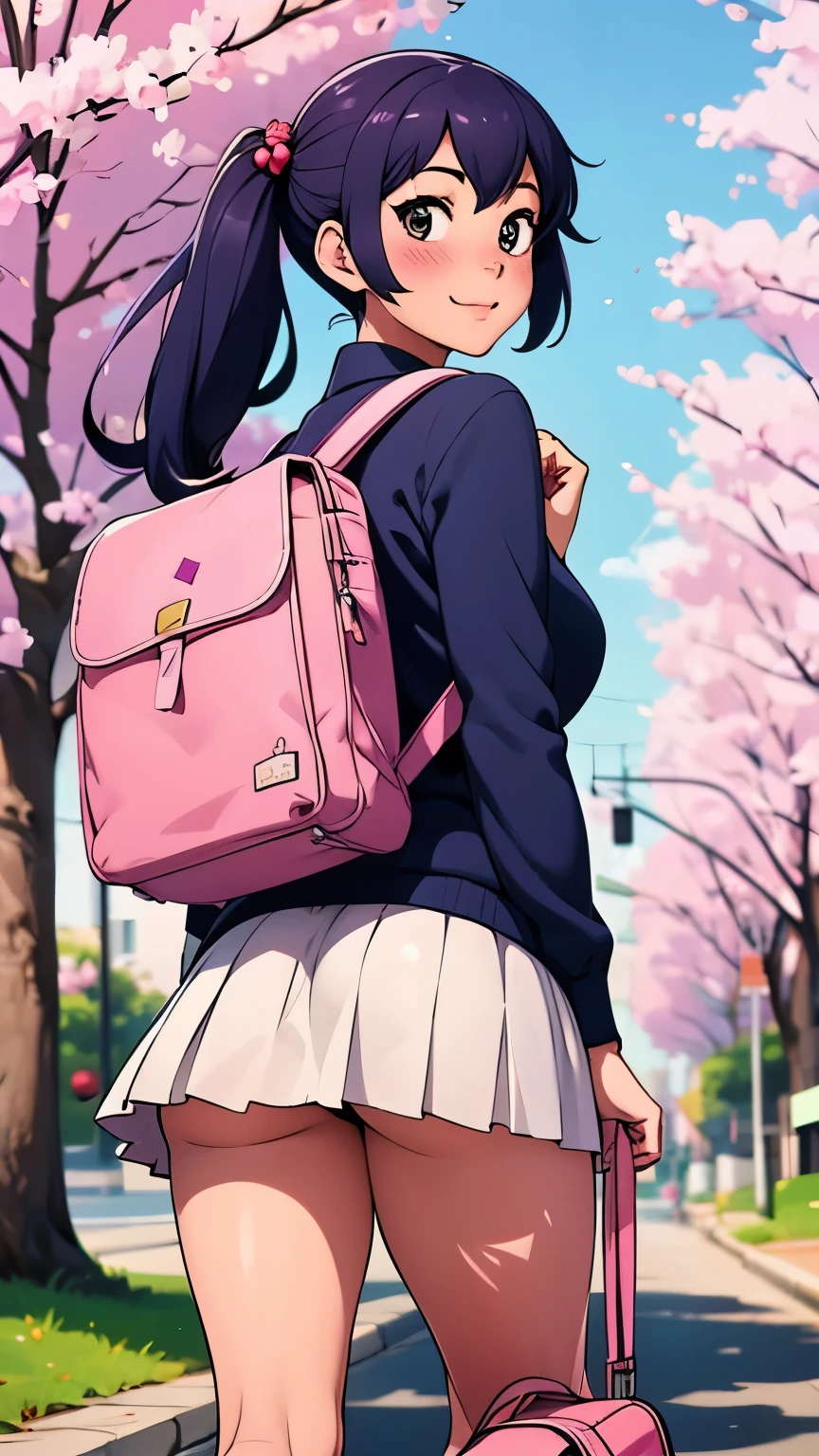 girl with a school bag turns around and looks at me in the cherry blossom-lined street. Her skirt is riding up because of her school bag. She looks embarrassed.