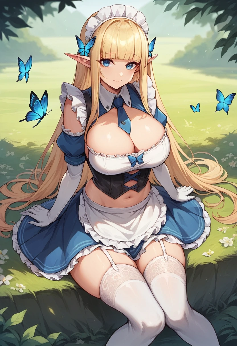 1girl, solo, long hair, breasts, looking at viewer, smile, bangs, blue eyes, skirt, blonde hair, large breasts, thighhighs, gloves, navel, cleavage, bare shoulders, sitting, closed mouth, sidelocks, thighs, outdoors, frills, detached sleeves, necktie, pointy ears, elbow gloves, white gloves, blunt bangs, armor, apron, white thighhighs, blue skirt, maid, maid headdress, clothing cutout, garter straps, bug, elf, butterfly