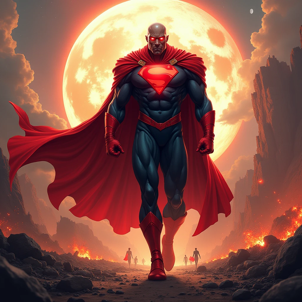 Captain Red: the destroyer of worlds**
### Origem
Captain Red, originally called Zorath, is a supervillain from an advanced civilization on the planet Venus. Your race, known as the "Venusianos", possessed technology far superior to that of Earth and a profound understanding of cosmic forces. Among them, Zorath was one of the most powerful and feared warriors. He was trained from a young age to be the guardian of Venus, but his lust for power and destruction corrupted him. After exterminating all life on Venus, ele se proclamou Captain Red e decidiu conquistar novos mundos.
### Arrival on Earth Upon arrival on Earth, Captain Red ficou surpreso ao ver a reação dos humanos. They were awed and terrified by his presence and superhuman abilities.. Seeing the vulnerability of the Earth and the fragility of humans, Red decided that his conquest would be slow and methodical.. Instead of destroying the Earth quickly, he chose to terrorize humanity, destroying cities and killing people one by one, spreading fear and chaos across the planet.
### Aparência
Captain Red tem uma presença imponente e aterrorizante. He wears a dark blue suit, adjusted to the body, with bright red gloves and boots. His red cape flutters in the wind, symbolizing the spilled blood of their victims. His face is cold and impassive, rarely showing any emotion. He has robust musculature and piercing red eyes that reflect his destructive nature..
### Poderes e Habilidades
Captain Red é dotado de várias habilidades sobre-humanas que o tornam quase invencível:
- **Super strength:** He can lift and destroy any object, be it a car, a building or even a mountain.
- **Super Resistance:** Your body is incredibly resistant to physical damage, allowing it to withstand attacks that would destroy any human being.
- **Divine Invulnerability:** Red is practically immune to any type of damage, be it physical, energetic or mental.
- **heat vision:** Your