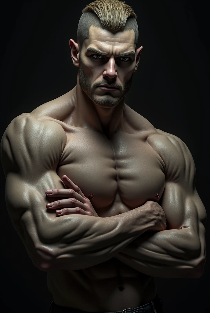 white, age man, hot, handsome, wide jawline, big nose, dark eyes, evil eyes, sixpeck, robber, psycopath, veiny hands, veiny arms, very big hands, dark blonde hair, buzz cut, thicker upper lips, square chin, shaved.