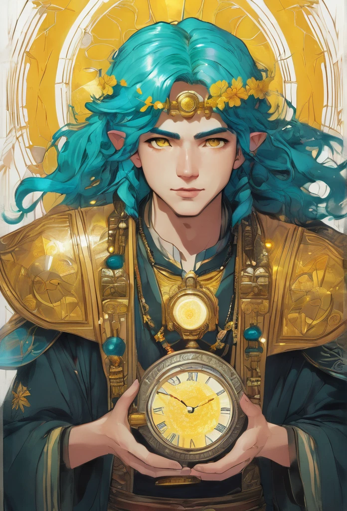 A young man with cyan wavy hair and yellow pupils, wear an ancient clothes and have a halo, hold a sand clocks