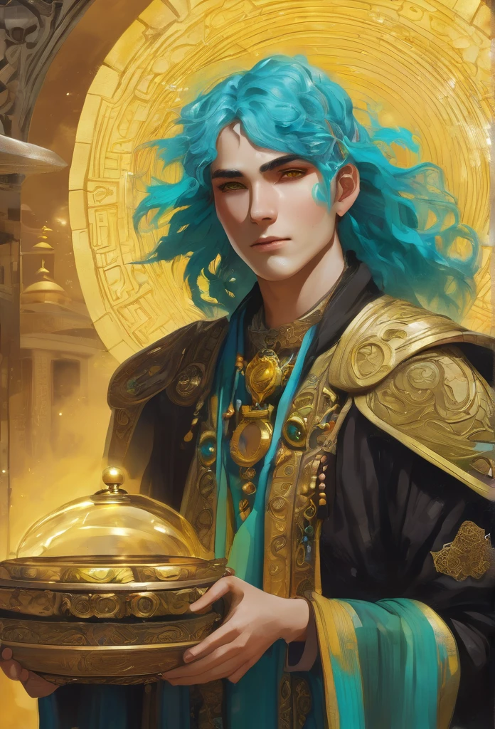 A young man with cyan wavy hair and yellow pupils, wear an ancient clothes and have a halo, hold a sand clocks