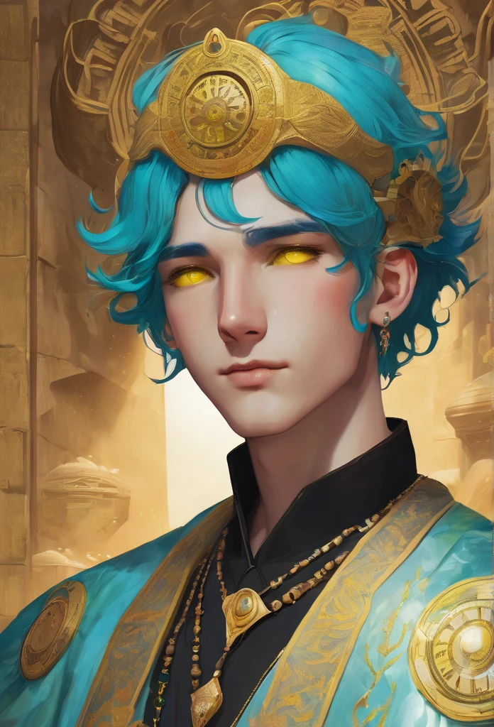 A young man with cyan wavy hair and yellow pupils, wear an ancient clothes and have a halo, hold a sand clocks