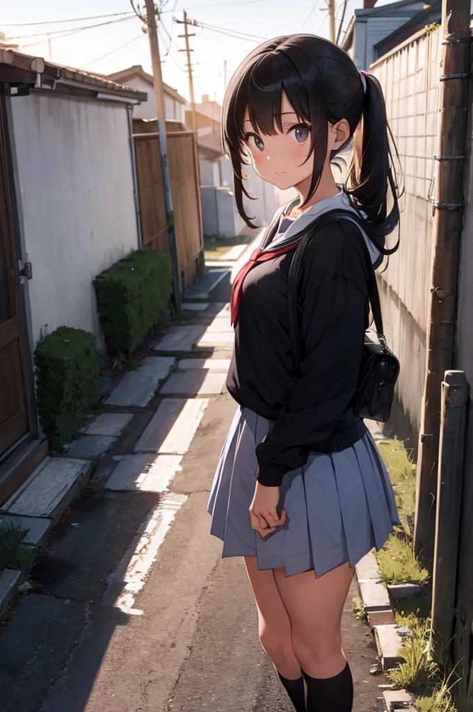 girl in school uniform with a grey cat, alleyway, sunset, 50mm lens