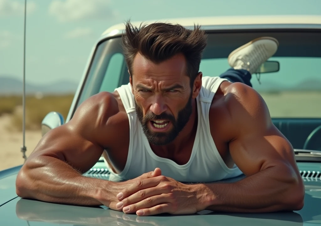 ((hyperrealistic)), ((best quality)), ((masterpiece)), (detailed), marvel wolverine very muscle hugh jackman laying on chevrolet impala 1964 with angry face , wears mexican athletic white shirt and white converse shoes. he prepares for workout. big distance photo